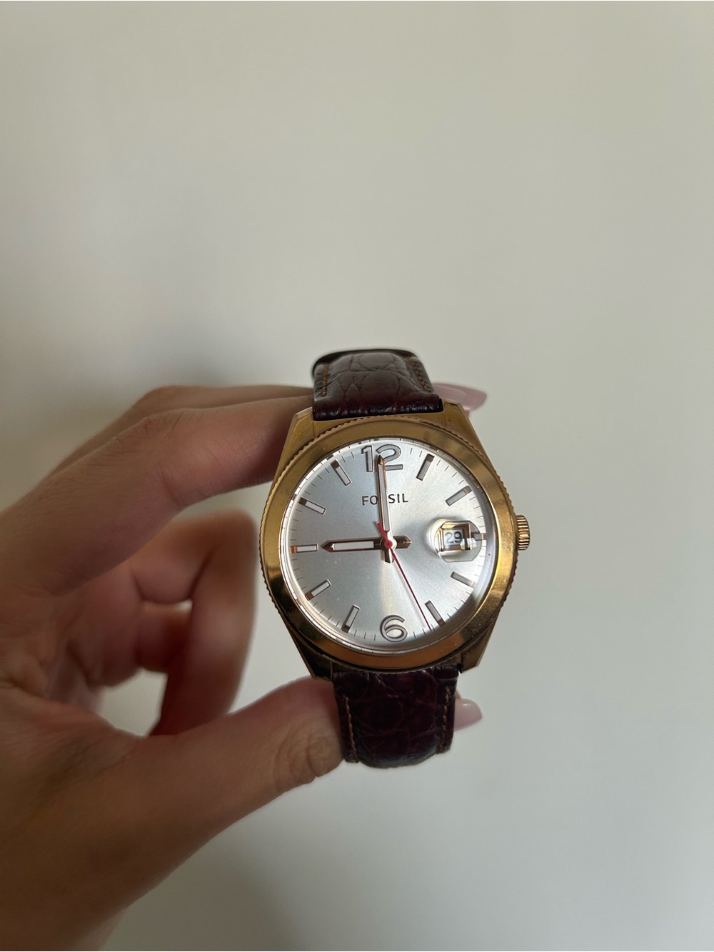Fossil Gold Case Watch with Silver Dial and Brown Leather Strap